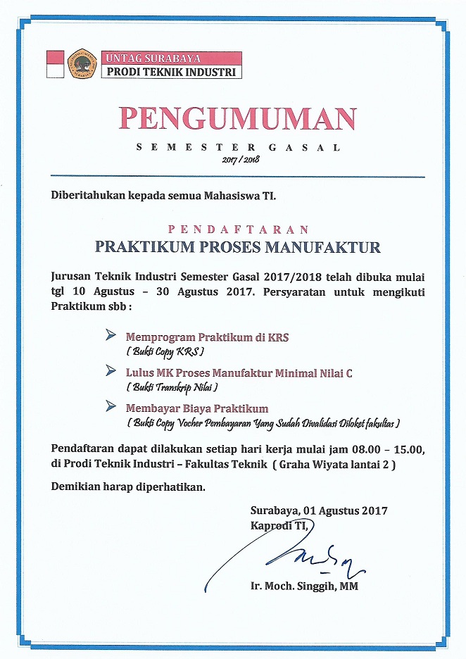 PRAKTIKUM PROSES MANUFAKTUR GASAL 2017/2018 